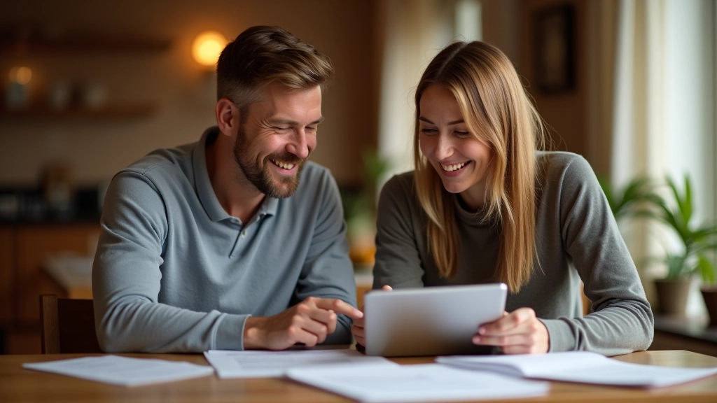 Ehepaar sitzt am Esstisch und bespricht finanzielle Unterlagen mit Tablet und Notizen