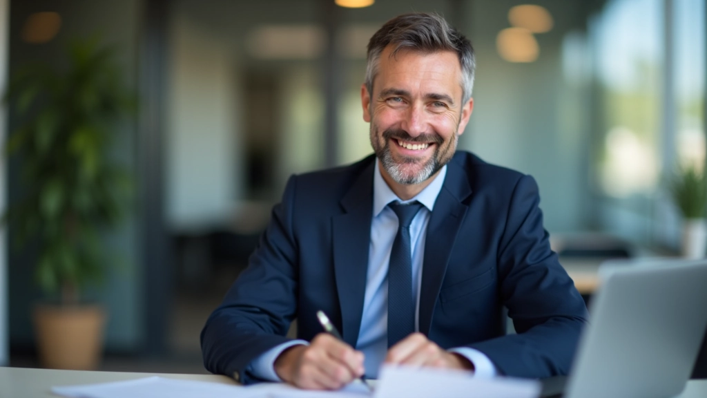 Finanzberater erklärt Riester-Rente Optionen an Schreibtisch mit Dokumenten und Laptop