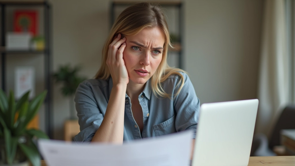 Person sitzt frustriert vor Laptop mit Dokumenten und Kaffeetasse, zeigt Verwirrung bei Formularausfüllung