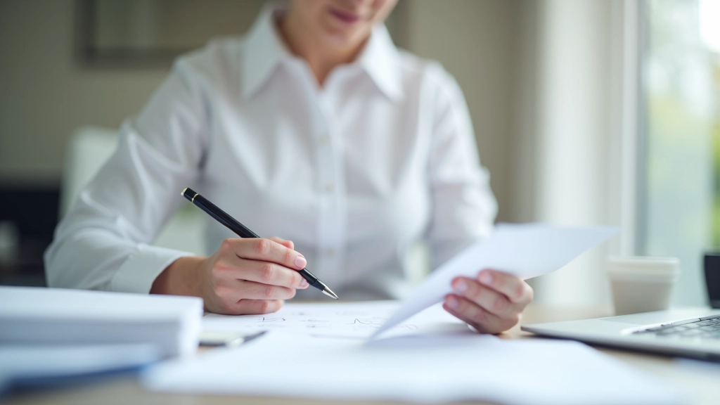 Frau mittleren Alters sitzt am Schreibtisch mit Dokumenten und führt ein Telefonat über Anbieterwechsel