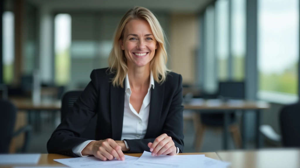 Frau mit Versicherungsdokumenten und Rentenbrief am Schreibtisch — symbolisiert Sicherheit und garantierte Leistungen